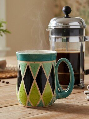 Studio Pottery Handmade Art Mug Colourful Green Diamonds Bohemian Collectible